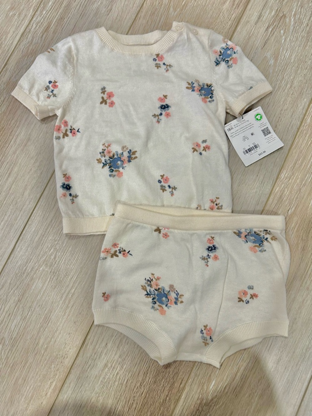 Little Planet Floral Knit Short Set - Cream with Blue & Pink Flowers